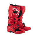 Tech-7 MX Boots Bright Red by Crown Kiwi Enterprises Limited feature white branding, adjustable buckles, and a high-grip sole. They're designed for off-road racing and prioritize performance and impact resistance for durability and safety on tough terrains.