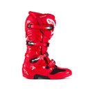 Tech-7 MX Boots Bright Red by Crown Kiwi Enterprises Limited feature white branding, adjustable buckles, and a high-grip sole. They're designed for off-road racing and prioritize performance and impact resistance for durability and safety on tough terrains.