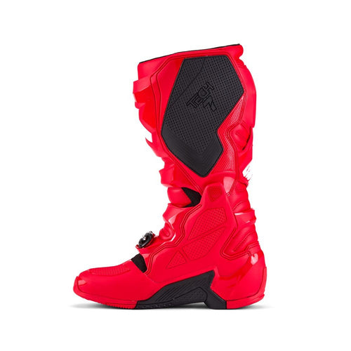 Tech-7 MX Boots Bright Red by Crown Kiwi Enterprises Limited feature white branding, adjustable buckles, and a high-grip sole. They're designed for off-road racing and prioritize performance and impact resistance for durability and safety on tough terrains.