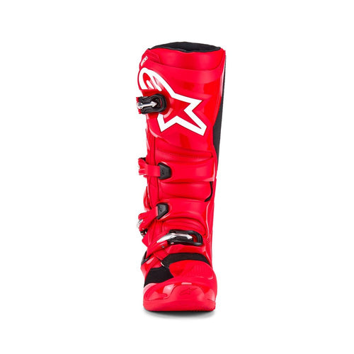 Tech-7 MX Boots Bright Red by Crown Kiwi Enterprises Limited feature white branding, adjustable buckles, and a high-grip sole. They're designed for off-road racing and prioritize performance and impact resistance for durability and safety on tough terrains.