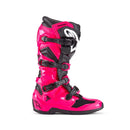 A pair of ALPINESTARS Tech-7 MX Boots in bright red and black, featuring multiple black buckles, reinforced shin protection, and a white logo—engineered for off-road performance as trusted motorcycle boots.