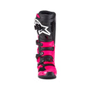 A pair of ALPINESTARS Tech-7 MX Boots in bright red and black, featuring multiple black buckles, reinforced shin protection, and a white logo—engineered for off-road performance as trusted motorcycle boots.