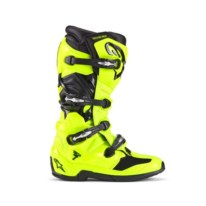 The Tech-7 MX Boots Yellow/Black by Crown Kiwi Enterprises Limited feature a bright yellow design with black accents, adjustable buckles, high-top design, impact resistance, and a rugged exterior, delivering exceptional off-road performance for adventurous motocross rides.