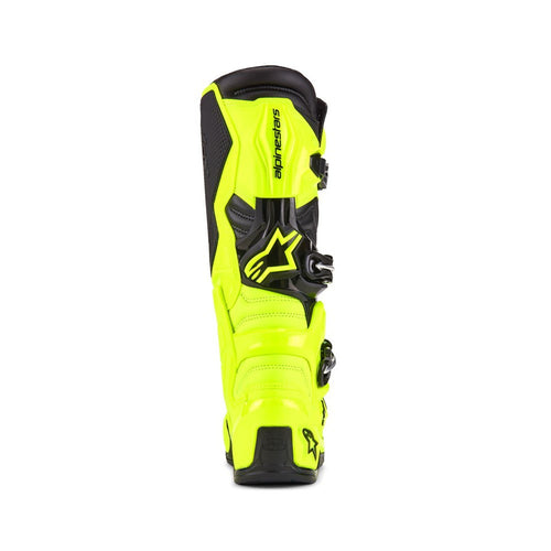 The Tech-7 MX Boots Yellow/Black by Crown Kiwi Enterprises Limited feature a bright yellow design with black accents, adjustable buckles, high-top design, impact resistance, and a rugged exterior, delivering exceptional off-road performance for adventurous motocross rides.