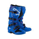 A pair of blue ALPINESTARS Tech-7 MX Boots with black buckles and white logos, featuring reinforced shin protection and rugged soles for top off-road performance, positioned side by side.