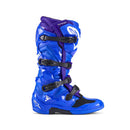 A pair of blue ALPINESTARS Tech-7 MX Boots with black buckles and white logos, featuring reinforced shin protection and rugged soles for top off-road performance, positioned side by side.