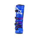 A pair of blue ALPINESTARS Tech-7 MX Boots with black buckles and white logos, featuring reinforced shin protection and rugged soles for top off-road performance, positioned side by side.