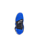 A pair of blue ALPINESTARS Tech-7 MX Boots with black buckles and white logos, featuring reinforced shin protection and rugged soles for top off-road performance, positioned side by side.