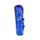 A pair of blue ALPINESTARS Tech-7 MX Boots with black buckles and white logos, featuring reinforced shin protection and rugged soles for top off-road performance, positioned side by side.