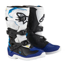Introducing the Tech-3S Youth MX Boots by Crown Kiwi Enterprises Limited: high-top motocross boots for juniors, crafted with a blue, black, and white microfibre upper. These boots offer reinforced protection and adjustable buckles, merging safety with a futuristic style for young riders.