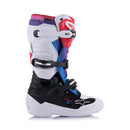 A vibrant pair of Tech-7S MX Boots from Crown Kiwi Enterprises Limited showcases striking panels in red, blue, purple, black, and white. Engineered for durability and protection, these boots feature rugged plastic buckles and are adorned with logos and text along the sides.