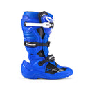 The ALPINESTARS Tech-7S MX Boots are shown; they feature a sleek design with blue and black accents, reinforced buckles, and a star logo on the side, offering enhanced protection and durability.