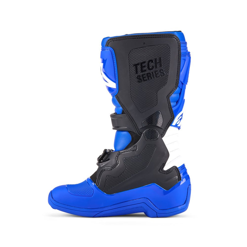 The ALPINESTARS Tech-7S MX Boots are shown; they feature a sleek design with blue and black accents, reinforced buckles, and a star logo on the side, offering enhanced protection and durability.