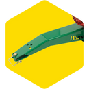 A close-up of the green arm of a Hansa Chipper Towbar Tongue, positioned against a bright yellow hexagonal background. The arm features a metal hook and latch mechanism at the end.