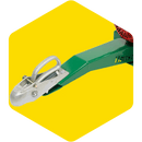 A close-up of a green Hansa Coupling on a bright yellow hexagonal background. The Hansa features a metal coupler with a handle and a visible spring mechanism, perfect for hauling bikes to scenic trails or transporting garden tools.