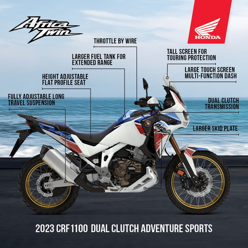 A motorcyclist wearing protective gear performs a wheelie on a Honda Africa Twin CRF1100, kicking up dust against a rugged, mountainous landscape with cloudy skies. The scene captures the dynamic motion and thrill of off-road bike riding in a remote, natural setting with the reliable performance of Honda.