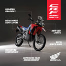 Honda CRF300L Rally motorcycle with feature text on a dark background