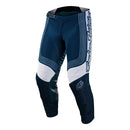 The Troy Lee Designs GP AIR PANT RHYTHM SLATE BLUE features curved white stripes, a logo on the left thigh, reinforced knees, and ventilated construction for comfortable warm-weather motocross riding.