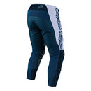 The Troy Lee Designs GP AIR PANT RHYTHM SLATE BLUE features curved white stripes, a logo on the left thigh, reinforced knees, and ventilated construction for comfortable warm-weather motocross riding.