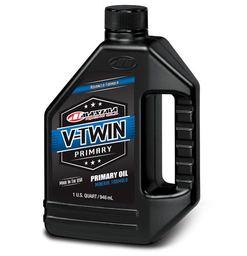 A quart container of Maxima V-Twin Primary Oil, designed with an advanced formula, comes in black plastic. The label emphasizes its mineral composition and American manufacturing. Perfect for V-Twin transmissions, this container features a convenient handle and a secure screw-on cap, guaranteeing optimal clutch engagement.