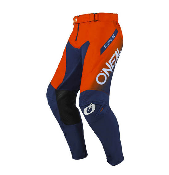 The O'Neal 2025 MAYHEM Hexx Pant - Blue/Orange features reinforced knee areas and a belt. The word "ONEAL" is prominently printed in large white letters along the side. As a part of the Mayhem line, these motocross pants are crafted with durable denier fabrics and multiple panels, ensuring added durability, flexibility, and a lightweight design.