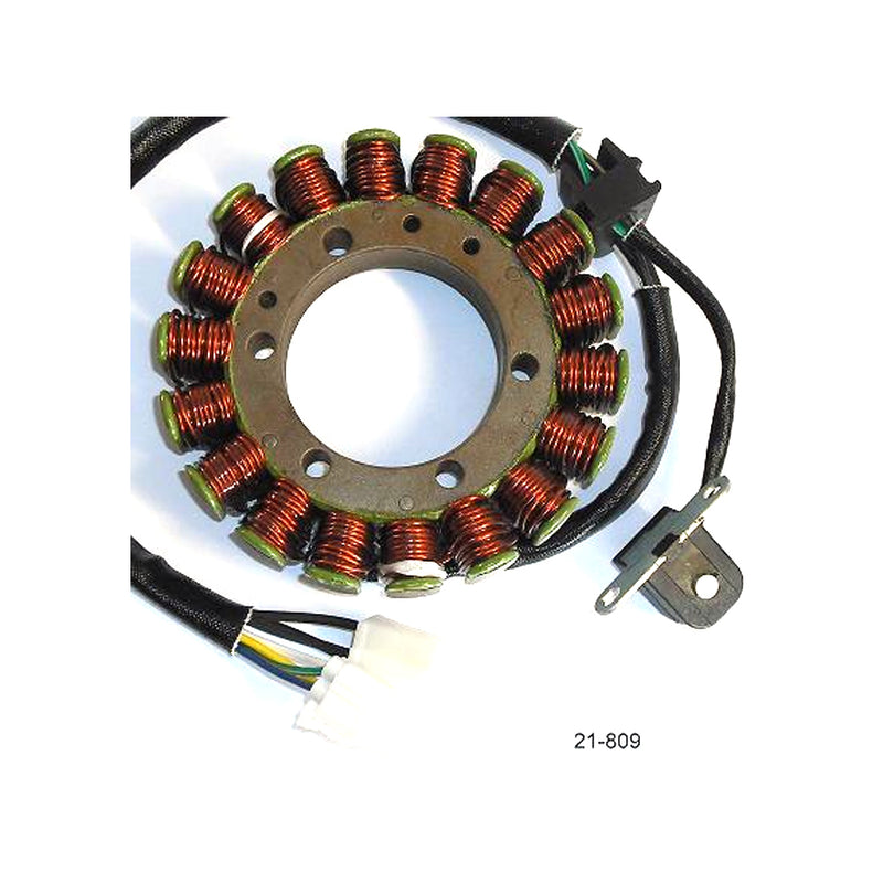 The RICK'S STATOR for Suzuki LTA500 (2002-2007) features OEM-style copper windings arranged in a circular formation. Multiple wires lead to connectors and a mounting bracket. The product number "21-809" is visible in small text below the item.
