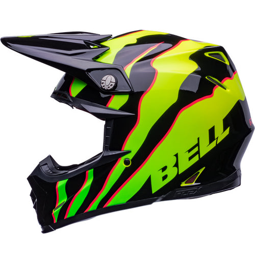 The Bell MOTO-9S FLEX Claw Gloss Black/Green is a vibrant, safety-focused motocross helmet with a striking design in black, green, and neon yellow. Featuring the brand "BELL" on the side, this helmet includes a visor and prominent air vents that showcase its aerodynamic and protective structure, making it ideal for off-road racing.