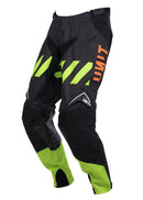 The Unit Hazard MX Pants feature black polyester with neon yellow-green and white accents, bold orange "UNIT" on the left thigh, reinforced knees, ventilation panels, and a sporty, angular design—ideal for motocross durability and style.