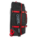 A large, black and red O'NEAL x OGIO RIG 9800 Gear Bag by ONEAL is standing upright. This travel bag is designed with multiple compartments, zippers, and adjustable straps. The SLED system ensures extra durability, while the OGIO logo is prominently displayed on the front alongside the text "ENJOY THE RIDE.