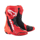 The ALPINESTARS Supertech R Boots in red and black showcase a bold white logo. These racing boots feature reinforced areas for protection, ventilation for performance, zip closures, and textured soles for grip, making them ideal for the track.