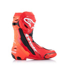 The ALPINESTARS Supertech R Boots in red and black showcase a bold white logo. These racing boots feature reinforced areas for protection, ventilation for performance, zip closures, and textured soles for grip, making them ideal for the track.