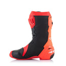 The ALPINESTARS Supertech R Boots in red and black showcase a bold white logo. These racing boots feature reinforced areas for protection, ventilation for performance, zip closures, and textured soles for grip, making them ideal for the track.