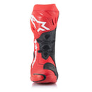 The ALPINESTARS Supertech R Boots in red and black showcase a bold white logo. These racing boots feature reinforced areas for protection, ventilation for performance, zip closures, and textured soles for grip, making them ideal for the track.