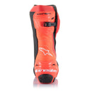 The ALPINESTARS Supertech R Boots in red and black showcase a bold white logo. These racing boots feature reinforced areas for protection, ventilation for performance, zip closures, and textured soles for grip, making them ideal for the track.
