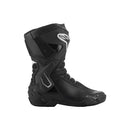 Introducing the Stella SMX-6 v3 by Crown Kiwi Enterprises Limited, a pair of black motorcycle boots meticulously designed for track performance. These stylish boots feature protective materials and anatomical contours for enhanced safety. They proudly display logo detailing on the upper section, textured soles, and include ventilation panels to ensure comfort and durability.