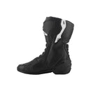 Introducing the Stella SMX-6 v3 by Crown Kiwi Enterprises Limited, a pair of black motorcycle boots meticulously designed for track performance. These stylish boots feature protective materials and anatomical contours for enhanced safety. They proudly display logo detailing on the upper section, textured soles, and include ventilation panels to ensure comfort and durability.