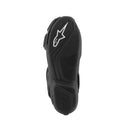 Introducing the Stella SMX-6 v3 by Crown Kiwi Enterprises Limited, a pair of black motorcycle boots meticulously designed for track performance. These stylish boots feature protective materials and anatomical contours for enhanced safety. They proudly display logo detailing on the upper section, textured soles, and include ventilation panels to ensure comfort and durability.