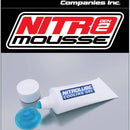 A black Nitro Mousse tire mousse is shown against a plain background with the Nitro Mousse logo below in red and black lettering.