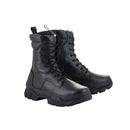 A pair of Ava Women's Boots by Crown Kiwi Enterprises Limited, crafted in black leather with thick, rugged soles and lace-up fronts. These protective boots for women feature a convenient pull-tab at the back, designed for outdoor or heavy-duty use. They stand side by side, prepared to tackle urban adventures.