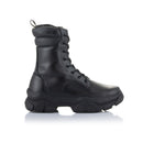 A pair of Ava Women's Boots by Crown Kiwi Enterprises Limited, crafted in black leather with thick, rugged soles and lace-up fronts. These protective boots for women feature a convenient pull-tab at the back, designed for outdoor or heavy-duty use. They stand side by side, prepared to tackle urban adventures.