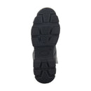 A pair of Ava Women's Boots by Crown Kiwi Enterprises Limited, crafted in black leather with thick, rugged soles and lace-up fronts. These protective boots for women feature a convenient pull-tab at the back, designed for outdoor or heavy-duty use. They stand side by side, prepared to tackle urban adventures.
