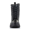 A pair of Ava Women's Boots by Crown Kiwi Enterprises Limited, crafted in black leather with thick, rugged soles and lace-up fronts. These protective boots for women feature a convenient pull-tab at the back, designed for outdoor or heavy-duty use. They stand side by side, prepared to tackle urban adventures.