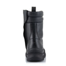 A pair of Ava Women's Boots by Crown Kiwi Enterprises Limited, crafted in black leather with thick, rugged soles and lace-up fronts. These protective boots for women feature a convenient pull-tab at the back, designed for outdoor or heavy-duty use. They stand side by side, prepared to tackle urban adventures.