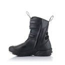 Introducing the Stella RT-7 Drystar Boots by Crown Kiwi Enterprises Limited: these black motorcycle boots deliver protective adventure touring features ideal for dedicated touring riders. Equipped with Velcro straps, reinforced soles, and a sleek design accented with white on the toe cap, they seamlessly blend style and safety.