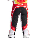 The Troy Lee Designs SE Ultra Pant Reverb Red/White motocross pants feature red, white, yellow, and black graphics, "TLD" on the side, and durable leather knee panels for extra protection.