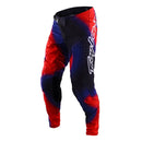 The Troy Lee Designs SE Ultra Pant Lucid Black/Red features red, blue, and black gradient design, white "Troy Lee" logo on the right thigh, laser perforated ventilation, and padded knee areas for motocross performance.