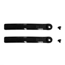 Two ALPINESTARS Calf Ratchet Supertech-R adjustable straps in black, featuring toothed edges and holes for small screws, displayed on a white background.