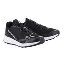 A pair of black athletic shoes, the Meta Road v2 Shoes from Crown Kiwi Enterprises Limited, featuring white soles and "alpinestars" printed on the side. These lightweight shoes boast a sleek design with a star logo, offering a breathable fit and textured sole for enhanced grip.