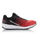 Introducing the ALPINESTARS Meta Road v2 Shoes: red and black athletic shoes with a white sole. These durable, lightweight shoes feature branding on the side, a logo, and breathable mesh for comfort. With black laces and textured tread, they provide excellent grip for all activities.
