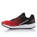 Introducing the ALPINESTARS Meta Road v2 Shoes: red and black athletic shoes with a white sole. These durable, lightweight shoes feature branding on the side, a logo, and breathable mesh for comfort. With black laces and textured tread, they provide excellent grip for all activities.